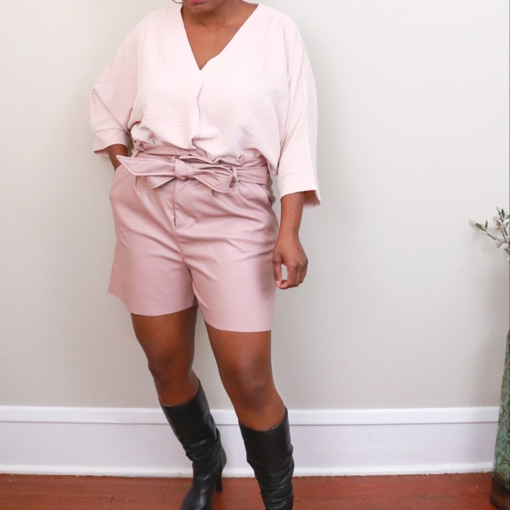 Paperbag Waist Faux Leather Shorts w/Belt